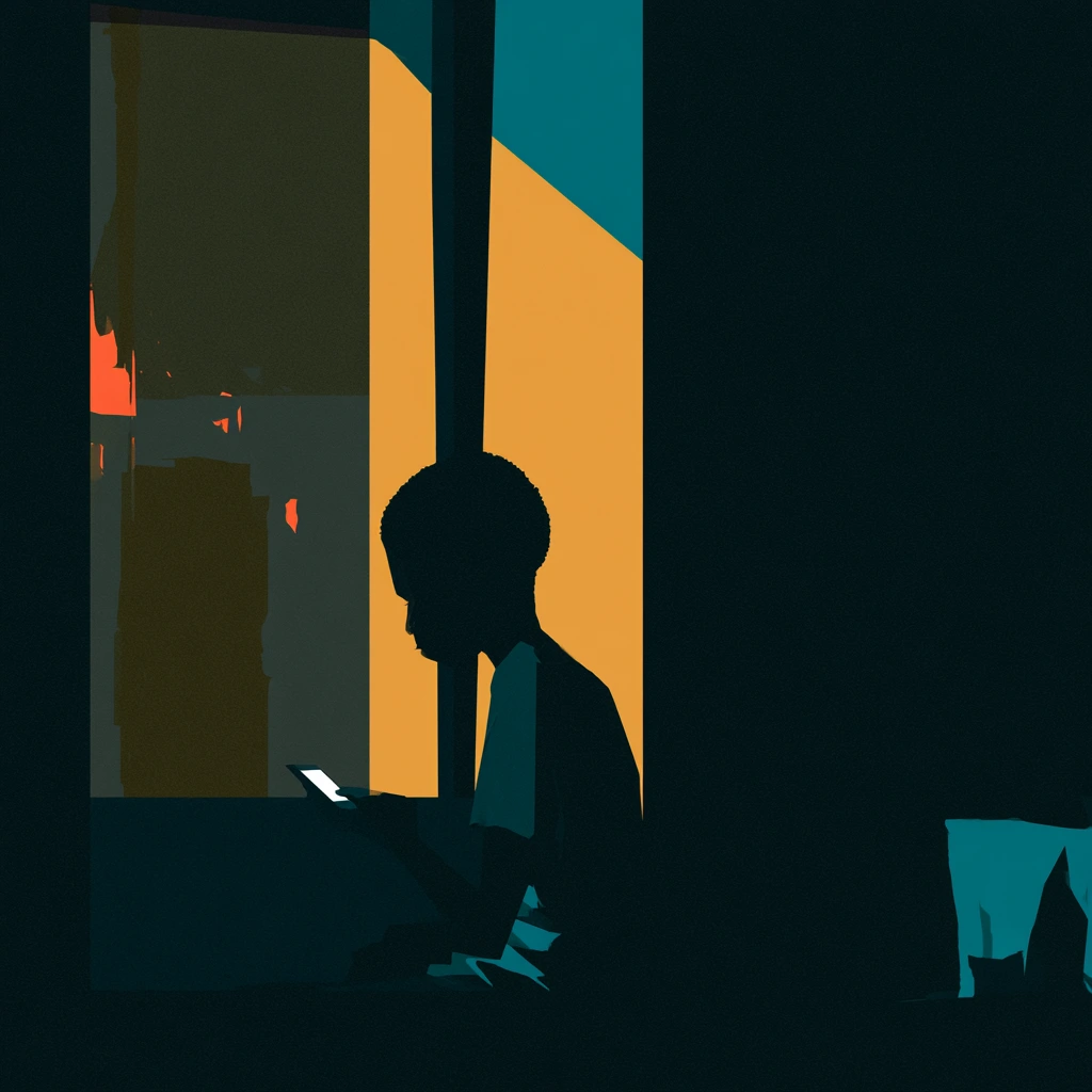 Profile silhouette of a young person lit by a phone, in teal and amber.