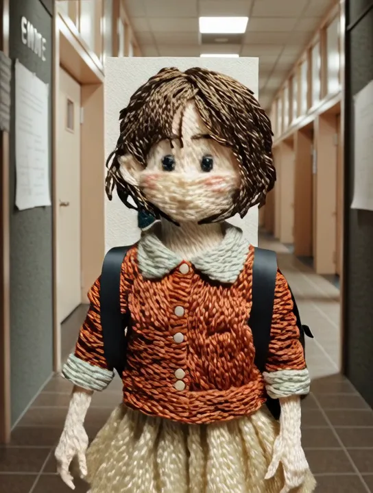 A knitted girl with a backpack stands in a school hallway; a printed check-in label is placed on her sweater.