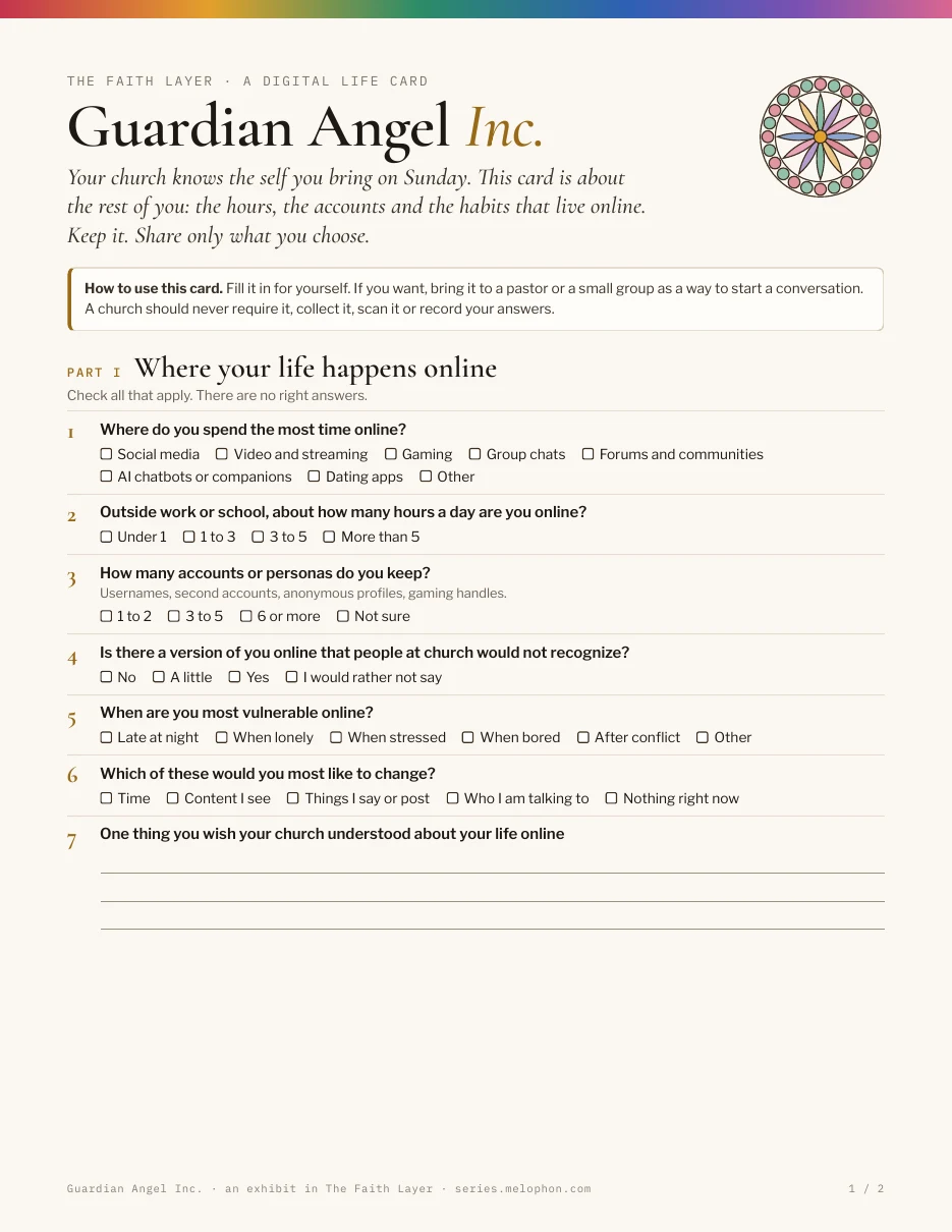 Page one of the Digital Life Card: a title, a small stained glass rose, instructions and six check-box questions about where a person's life happens online.