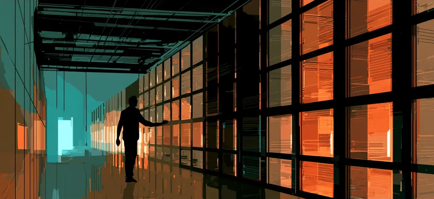 A silhouetted figure reaches toward a wall of glowing orange server racks in a long hall.