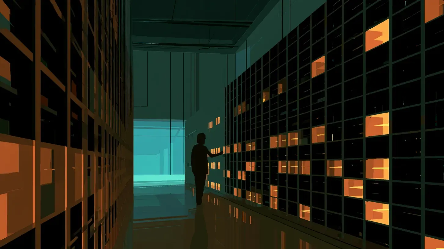 A small figure stands at the end of a dark server corridor lit by a teal doorway and scattered amber lights.