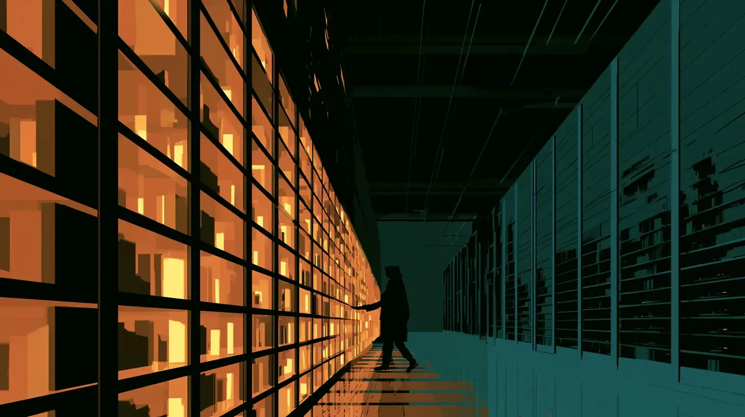 A lone figure walks a long server hall where amber-lit racks recede into teal darkness.