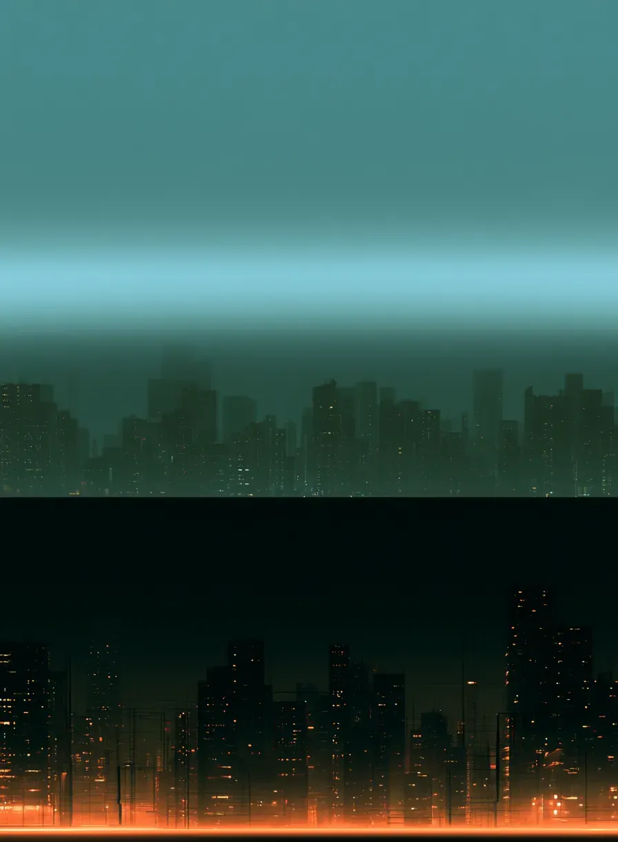 Two stacked views of one city skyline: above, towers fading into teal haze; below, the same towers glowing orange at street level.