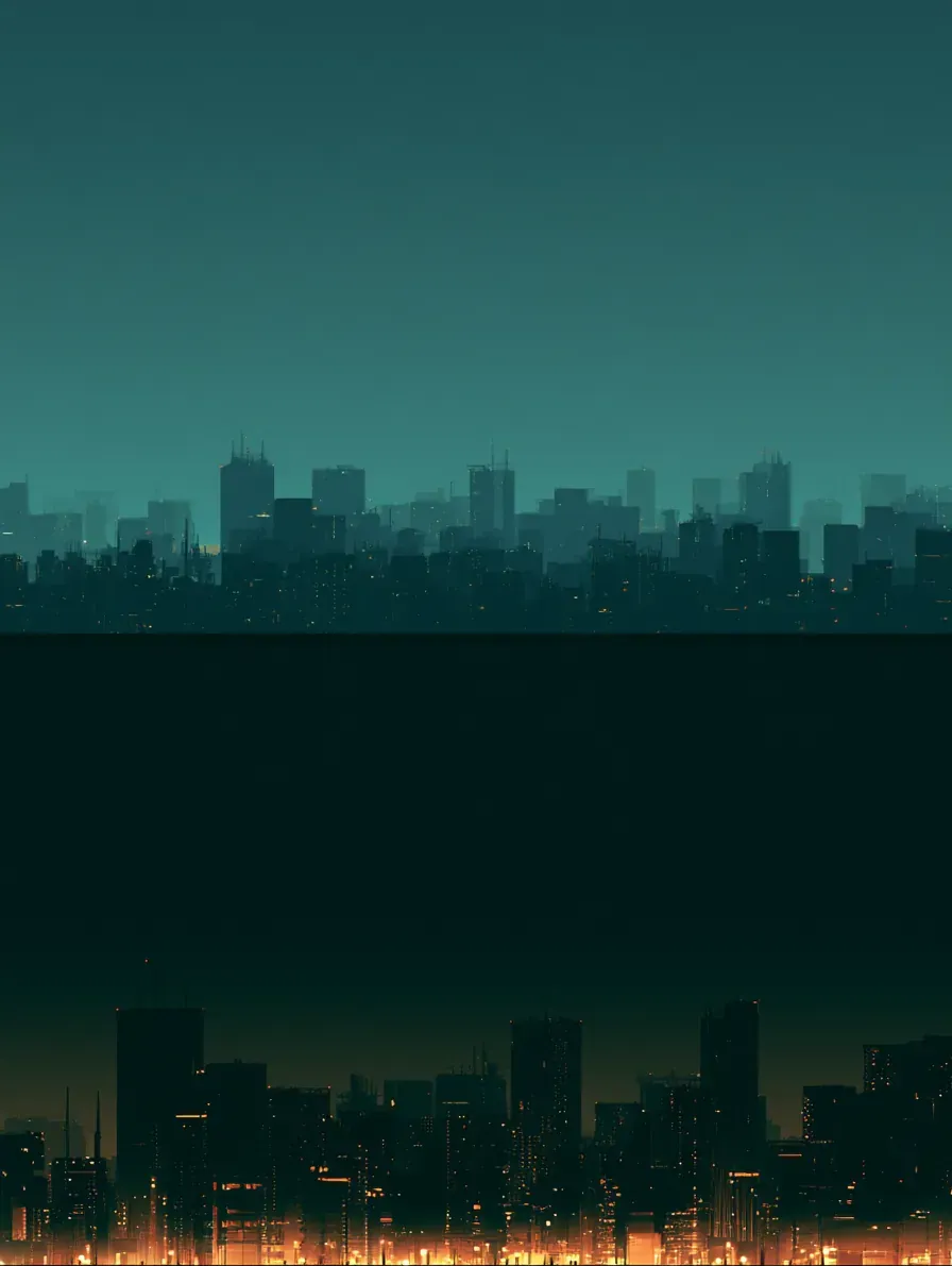 A skyline in two bands: towers in teal haze above, a dark city with a thin orange glow below.
