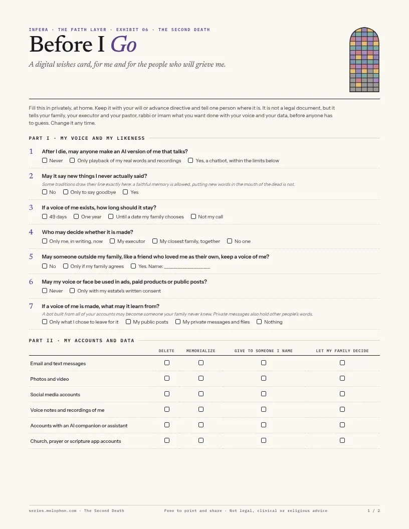 Page one of the Before I Go card: a title, a small stained glass window, and six check-box questions about whether an AI version of you may be made after you die