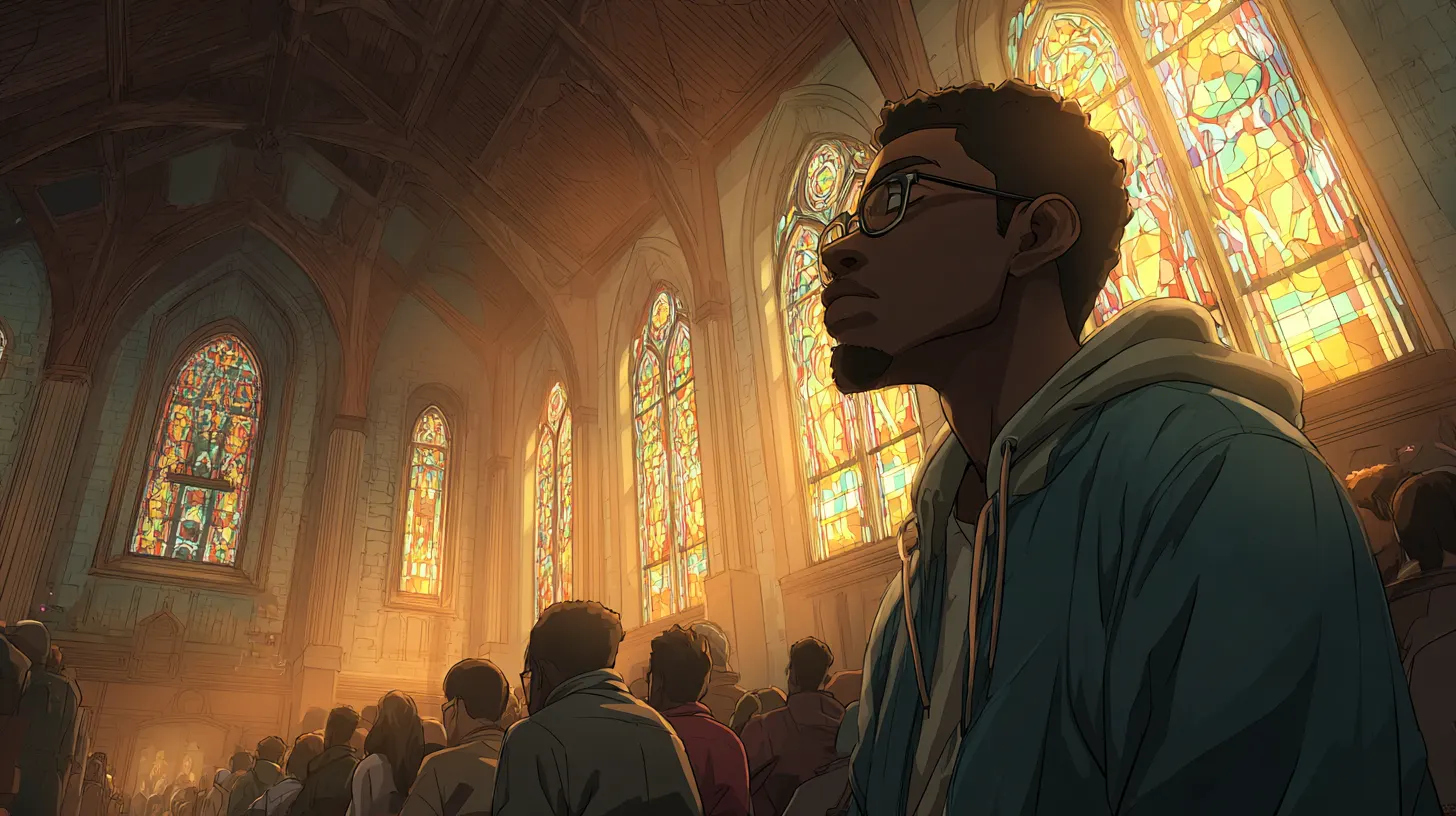 Illustration: seen from behind, a young man in glasses sits among a congregation under tall stained-glass windows.